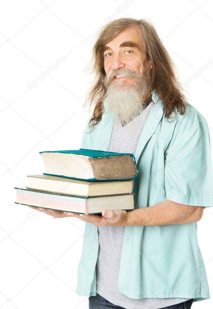 Senior with books. Old man education, elder with beard isolated white background