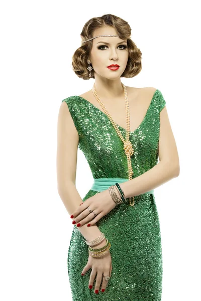 Vrouw retro mode portret in sparkle sequin jurk, elegante vintage stijl meisje, geïsoleerd op witte achtergrond — Stockfoto