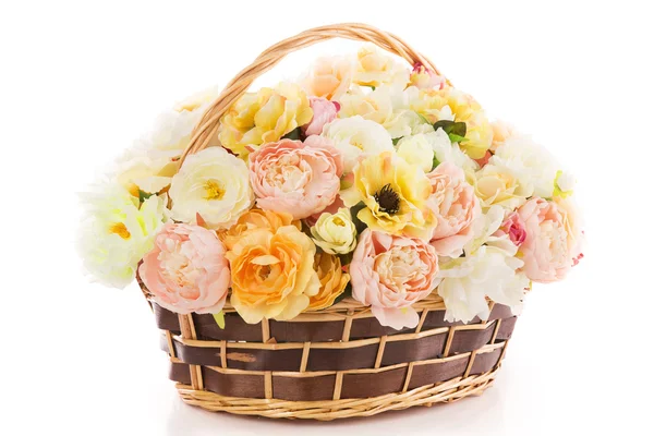 Flowers bouquet peony in basket, isolated over white backgound — Stock Photo, Image