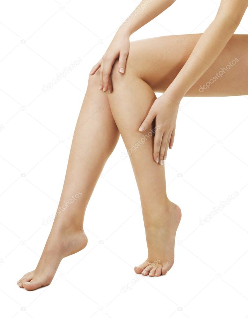 Legs woman applying massage spa cream. Depilation Isolated white background
