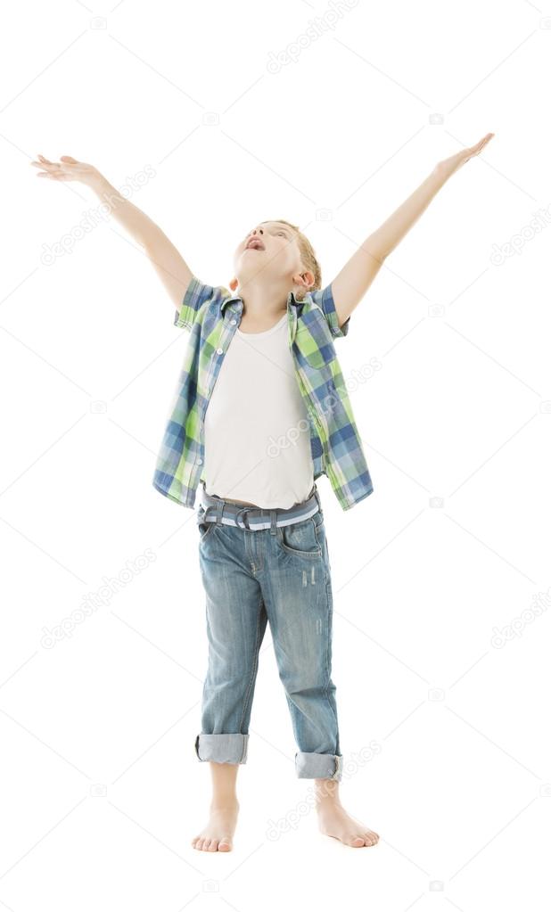 Child boy raise open hands up. Isolated white background. Open arms to put product here