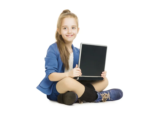 School Girl Kid and Computer. Schoolgirl with Notebook, Laptop isolated white background — Stock Photo, Image