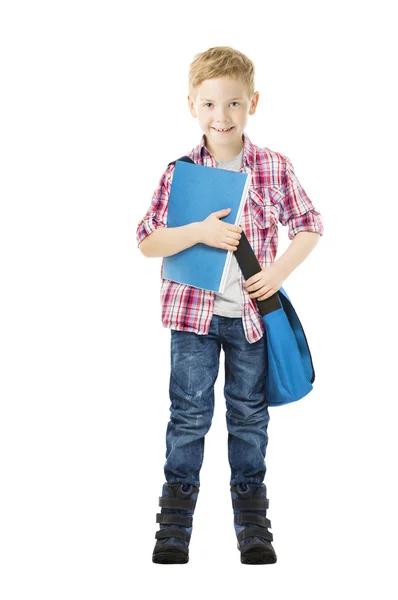 Niño colegial sosteniendo el libro. Estudiante escuela chico aislado blanco fondo — Foto de Stock