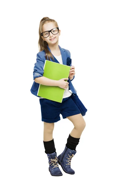 Ragazzina in borghese con libro in mano. Studente scuola ragazza isolato bianco sfondo — Foto Stock