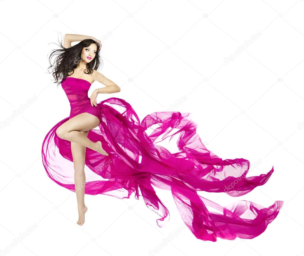 Woman dancing in fluttering dress, fashion model dancer with waving fabric, isolated white background