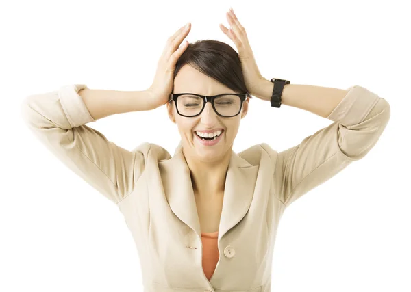 Geschäftsfrau Stress Depression, Geschäftsfrau weinen Problem, isoliert über weißem Hintergrund, Frau in Brille schreien Kopfschmerzen — Stockfoto