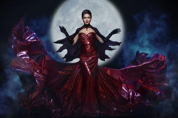 Halloween Witch Full Moon Night Background Mysterious Woman Red Long — Stock Photo, Image