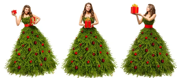 Donna Moda Natale Con Regali Abito Verde Abete Gruppo Modelli — Foto Stock