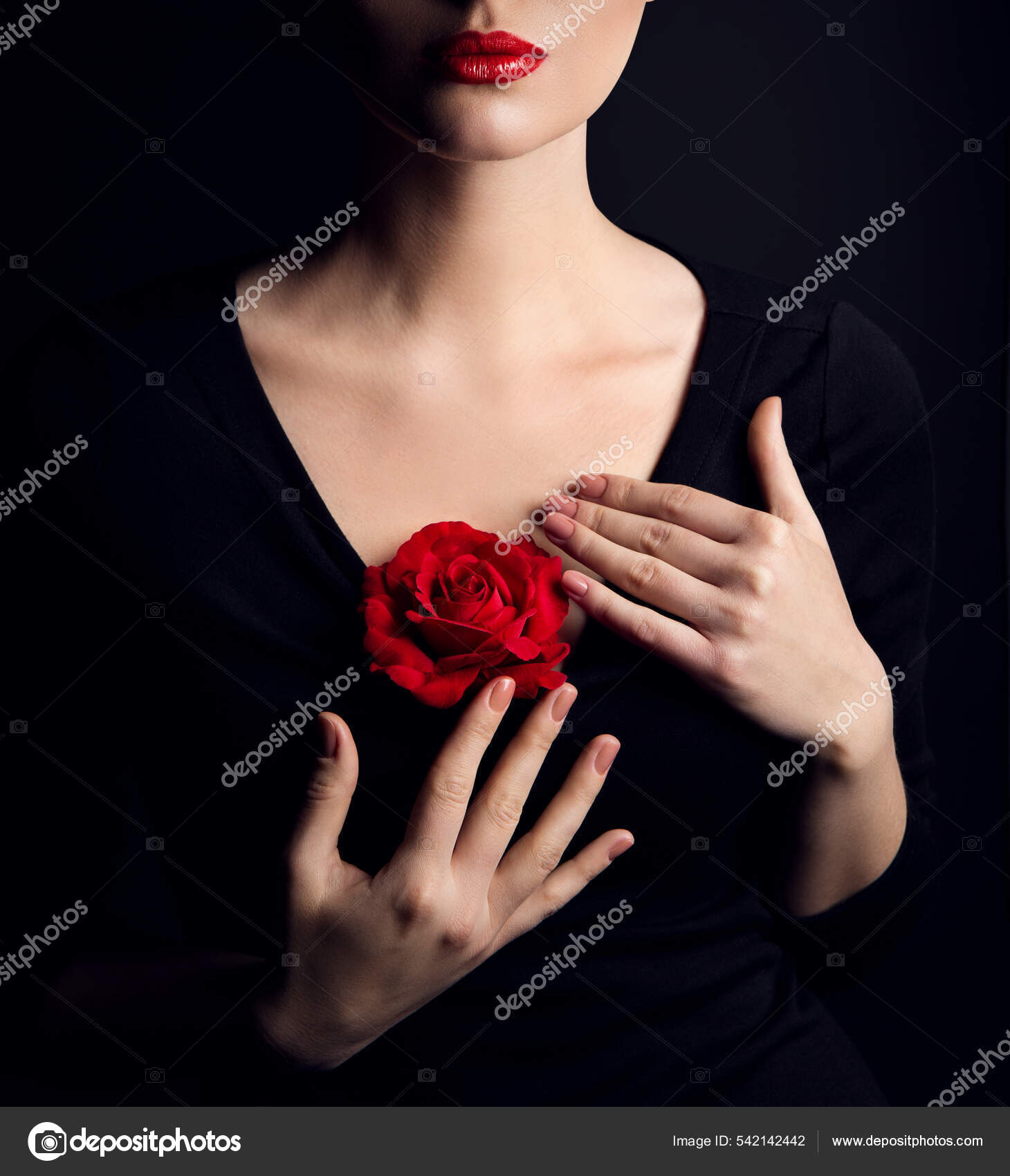 Woman Rose Flower Red Lips Make Black Elegant Lady Fantasy.