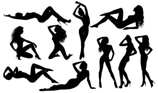 Sexy Girls Black Silhouette White Background Set Sensual Naked Women — Stock Photo, Image