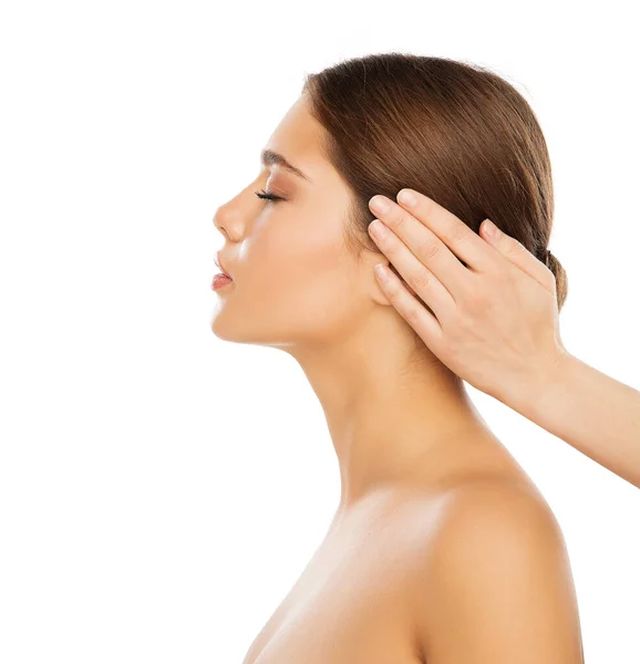 Gezichtsmassage Schoonheidsmodel Gezichtsprofiel Spa Behandeling Vrouwelijke Huid Lichaamsverzorging Cosmetica Salon — Stockfoto