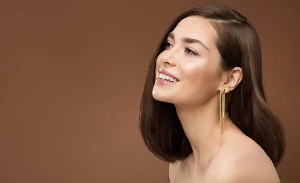 Vrolijk Glimlachend Model Profiel Zijaanzicht Brunette Schoonheid Vrouw Met Naakt — Stockfoto