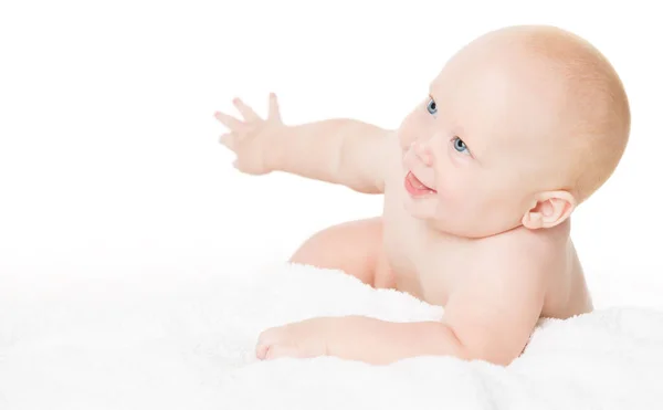 Ευτυχισμένο Χαμογελαστό Μωρό Ξαπλωμένο Στο Λευκό Πετσέτα Active Playful Τεσσάρων — Φωτογραφία Αρχείου