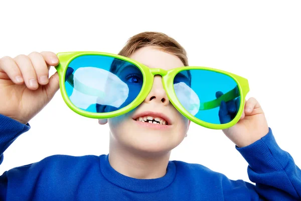 Funny Child Big Eyeglasses Smiling Looking Happy Little Boy Glasses —  Fotos de Stock