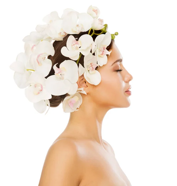 Tratamento Flor Cabelo Mulher Beauty Model Orchid Floral Crown Hairstyle — Fotografia de Stock