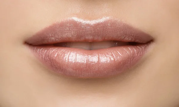Natural Lip Close up. Pink Lipstick Make up. Perfect Plump Full Lips Macro. Beauty Women Mouth Makeup with Nude Lip Gloss