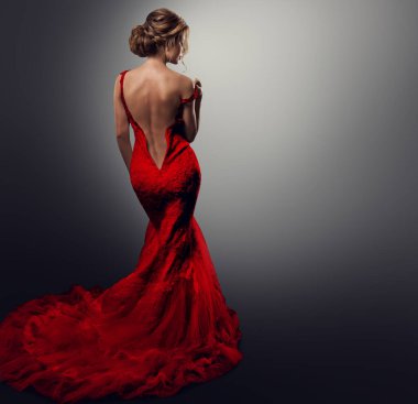 Kırmızı Elbiseli Kadın Seksi Sırt. Gece Elbisesi Arka Tarafı Mankeni. Gri 'nin üstünde Şehvetli Kadın Vücut Şekli Siluet. Lüks Moda Kızı. Gelinliği çıkar.