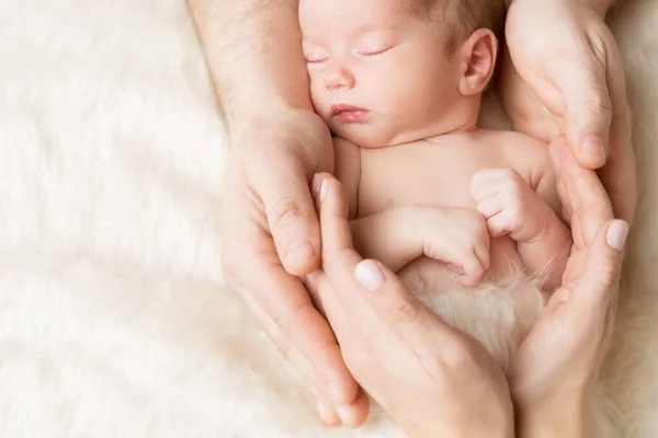 家族の手の中の新生児 睡眠新生児 両親のケアと保護の概念 — ストック写真