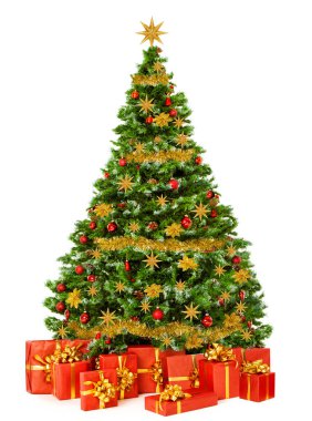 Kırmızı Hediye Kutuları ve Altın Oyuncakları olan Noel Ağacı, Beyaz 'ı izole etti. Altında bir sürü hediye olan Xmas Firavun Ağacı. Altın çelenk, süs ve toplarla süslenmiş Noel Ağacı