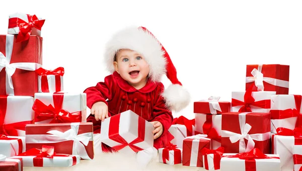 Bambino Natale Con Confezioni Regalo Happy Child Santa Hat Accanto — Foto Stock