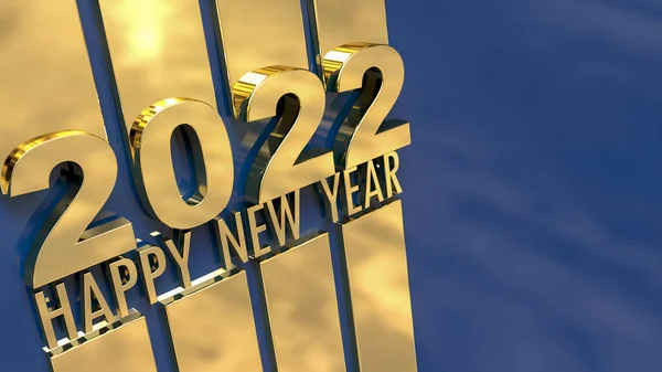 在蓝色背景的金色镜面上3D渲染写作 新年快乐 — 图库照片