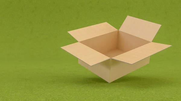 Representación Una Caja Cartón Abierta Sobre Fondo Verde — Foto de Stock