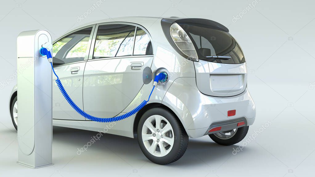 3D rendering of a white electric car charging