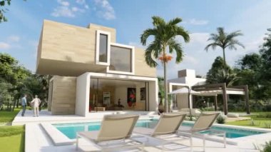 Havuzu ve büyük bahçesi olan güzel, modern bir villanın 3 boyutlu animasyonu.