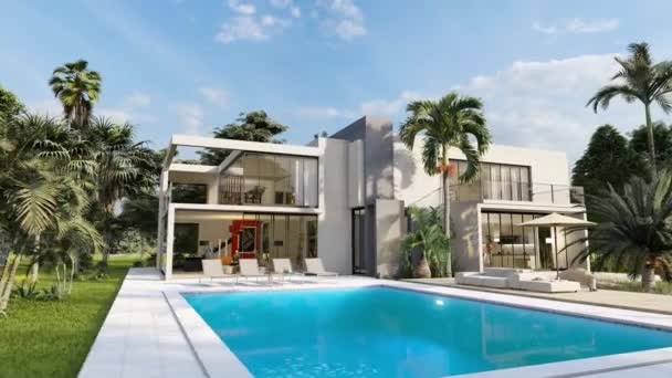 Animatie Van Een Prachtige Moderne Villa Met Zwembad Een Tropische — Stockvideo