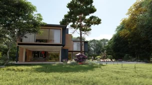 带有游泳池和花园的木制大房子的3D动画 — 图库视频影像