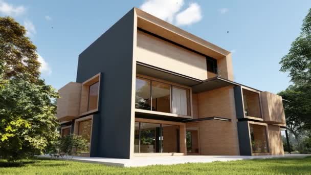 プールと庭付きの大きな木造邸宅の3Dアニメーション — ストック動画
