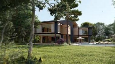 Havuzu ve bahçesi olan büyük ahşap bir malikanenin 3 boyutlu animasyonu