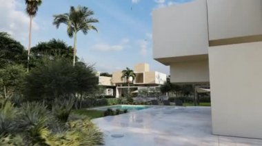 Havuzu ve büyük güzel bahçesi olan büyük çağdaş bir evin üç boyutlu animasyonu. 