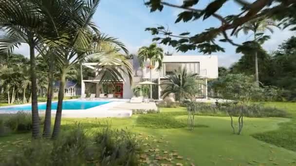 Animation Rund Ein Großes Modernes Haus Mit Pool Und Einem — Stockvideo