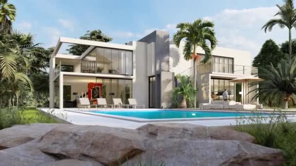 プールと大きな美しい庭を持つ大きな現代的な家の周りの3Dアニメーション — ストック動画