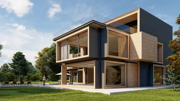 Rendering Large Modern Contemporary House Wood Concrete — Stock Photo, Image