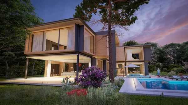 Rendering Large Modern Contemporary House Wood Concrete Early Evening — Stock Photo, Image