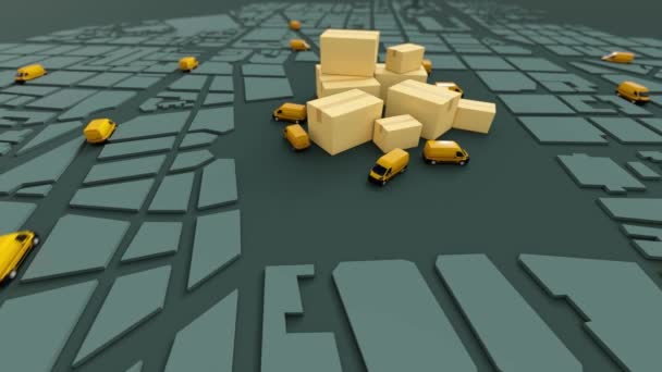 Animación Mapa Blanco Ciudad Con Camiones Circulando Una Pila Cartones — Vídeo de stock