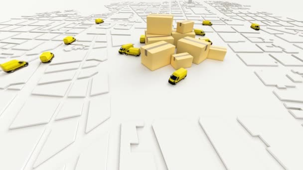 Animation White City Map Trucks Circulating Pile Cartons — Stock Video