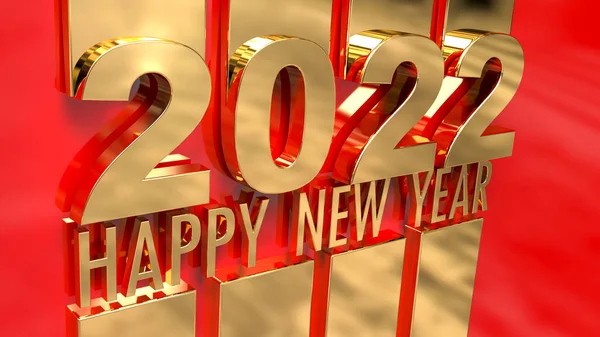Kırmızı Arkaplanda Ayna Altın Yüzeyinde Mutlu Yıllar 2022 Yazısının Boyutlu — Stok fotoğraf