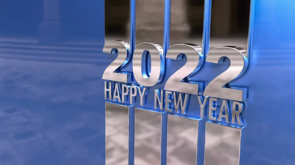 2022年新年快乐 的3D渲染 在蓝色背景的镜子银面上呈现 — 图库照片