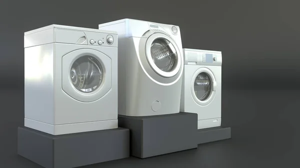 Renderização Três Máquinas Lavar Roupa Pódio — Fotografia de Stock