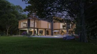 Akşamları havuzu ve bahçesi olan büyük ahşap bir malikanenin 3 boyutlu animasyonu.