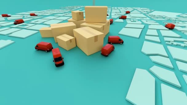 Animación Mapa Blanco Ciudad Con Camiones Circulando Una Pila Cartones — Vídeo de stock