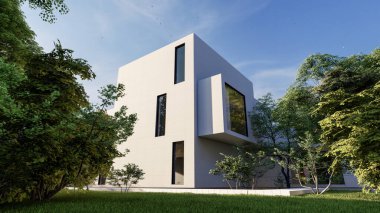 Büyük, beyaz, modern bir evin 3 boyutlu canlandırması 