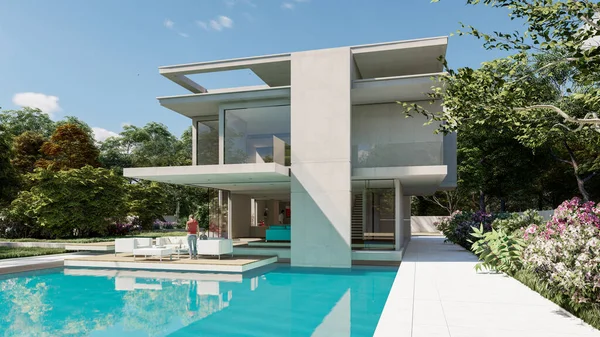 Weergave Van Een Luxe Moderne Villa Met Zwembad Tuin — Stockfoto