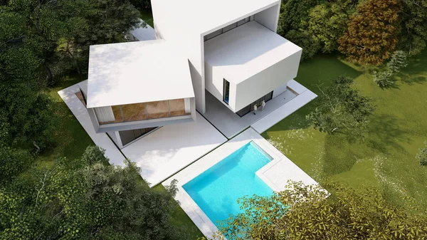 Rendering Big White Modern House Aerial View — Stock Photo, Image