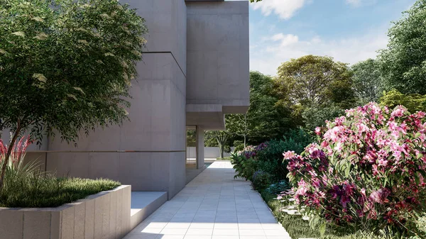 Rendering Contemporary Building Beautiful Garden — Stock Photo, Image