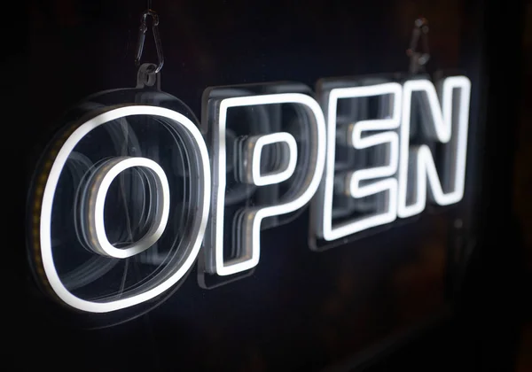 Open Neon Sign Hanging Window Shop — Stock Photo, Image