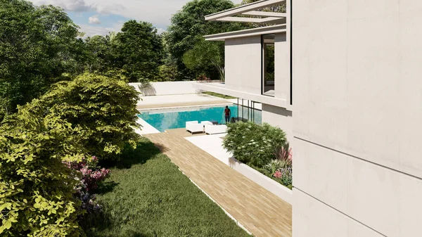 Vykreslení Moderní Luxusní Vily Bazénem Zahradou — Stock fotografie
